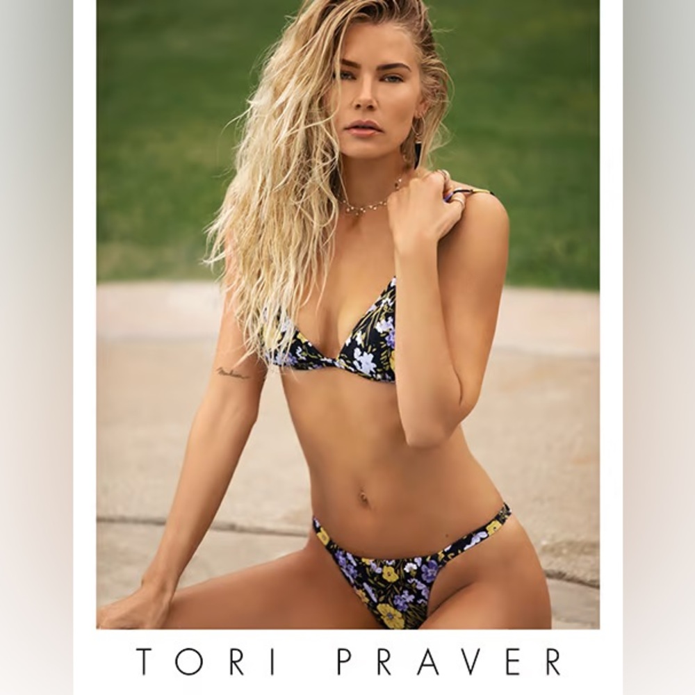Tori Praver black, purple, and yellow floral bikini top